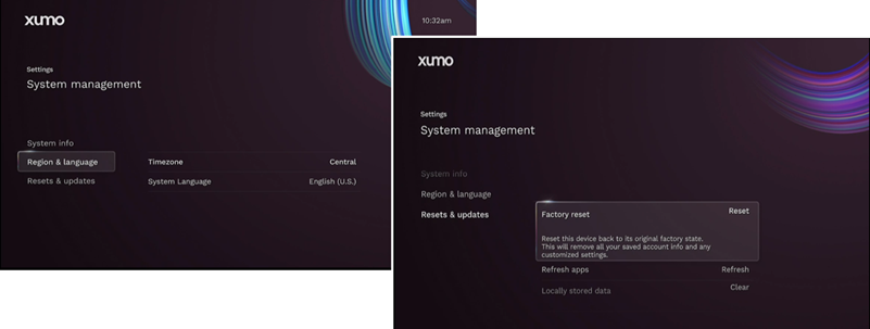 Xumo System Management Settings